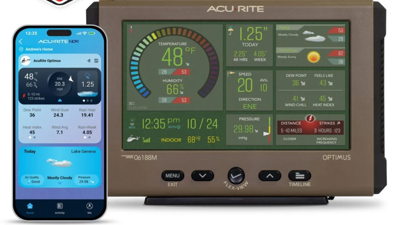 Estação meteorológica digital sobre uma mesa ao lado de um smartphone exibindo a interface de um novo aplicativo