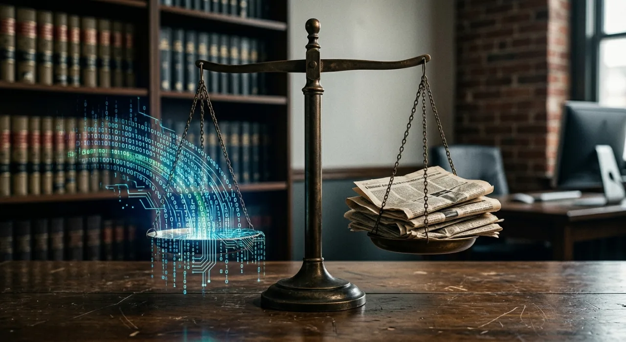 Homem em terno faz flexões ao lado de laptop aberto com logo da OpenAI e jornal NYT sobre uma esteira