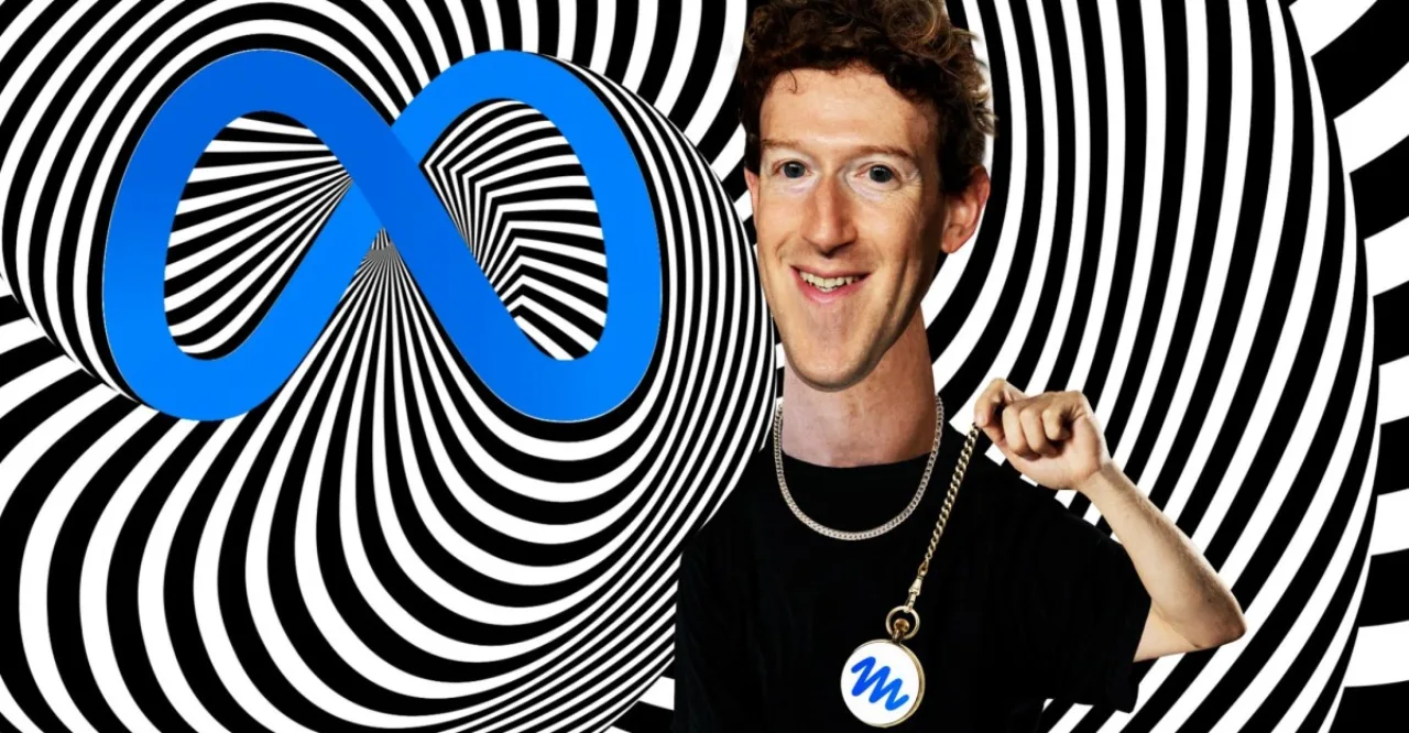 Mark Zuckerberg em palco, ao lado do logo da Meta, enquanto um ícone de criança aparece em destaque