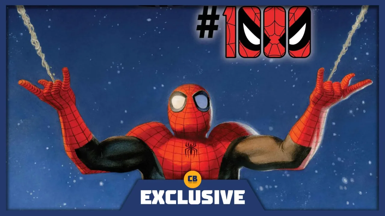 Peter Parker idoso, sentado numa cadeira de rodas, cercado por filhos, netos e uma misteriosa Gwen Stacy ao fundo