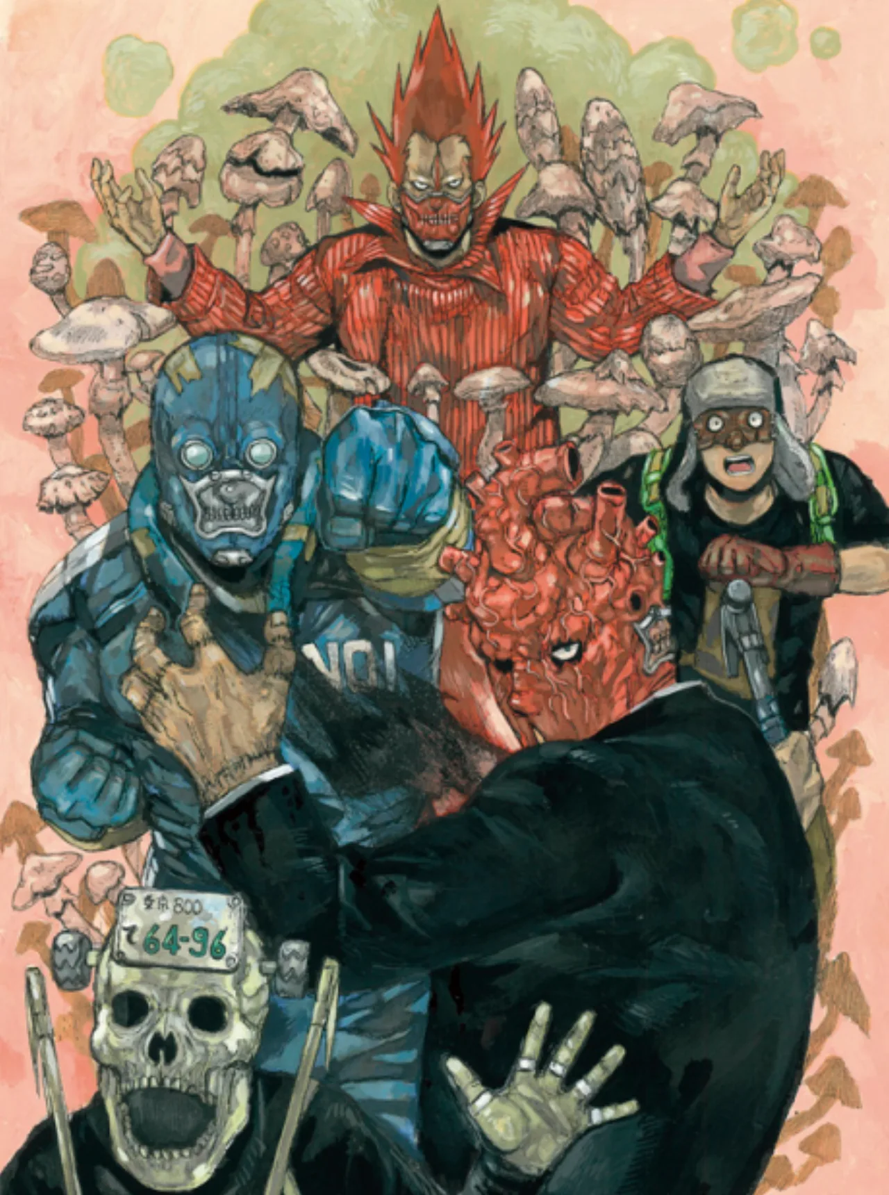 Pessoa lendo mangá de Dorohedoro ao lado de um smoothie verde e halteres, remetendo ao horror corporal e à saúde