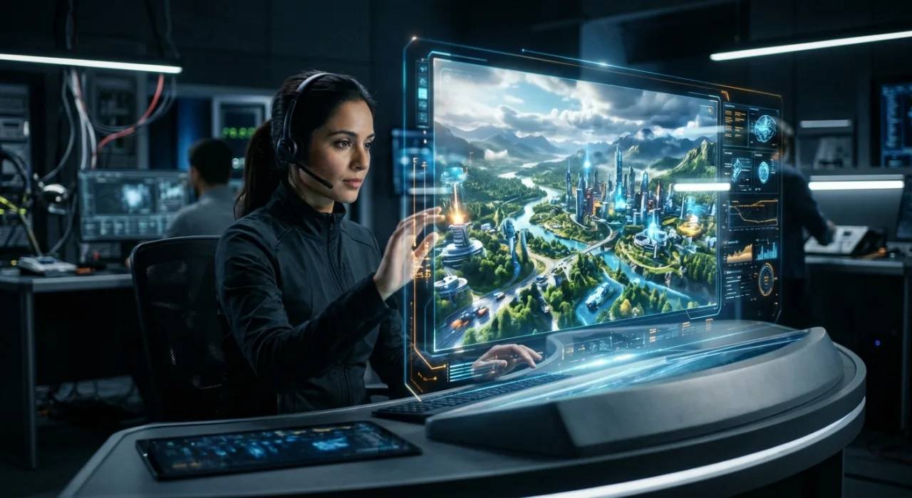 Avatar azul ao lado do logo Google, sobre um cenário virtual com códigos e ondas sonoras