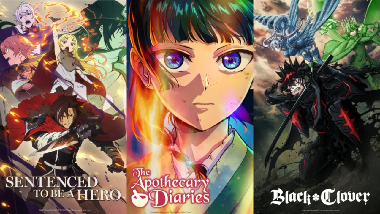 Logotipo da Crunchyroll ao lado de pôsteres de Apothecary Diaries e Black Clover na fachada da NYCC 2026