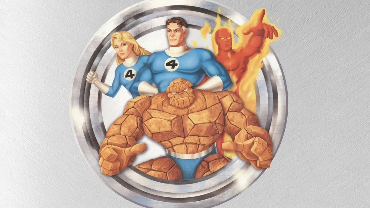 Jovens levantando halteres coloridos ao lado de um monitor exibindo o teaser glitchado da Fantastic Four