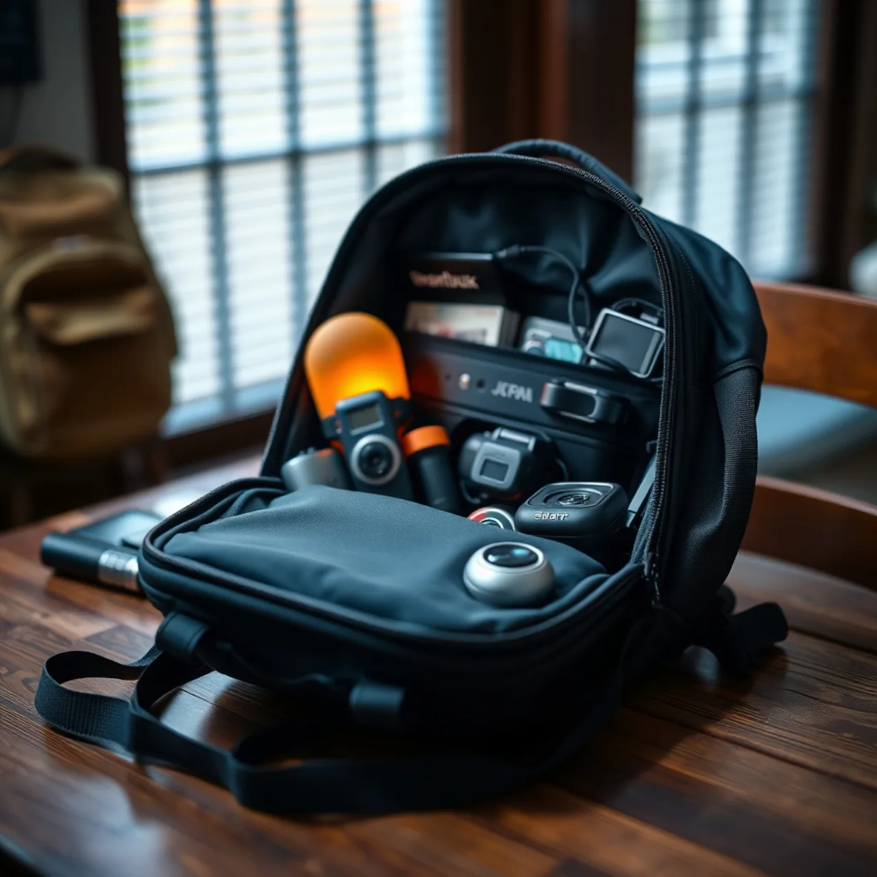 Viajante em trilha usando smartwatch, mochila com power bank, garrafa de água e tênis de corrida