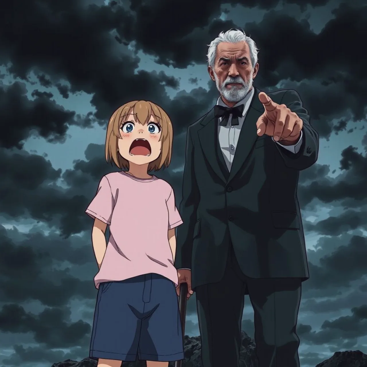 Rudeus de pé, confrontando um viajante encapuzado em um cenário sombrio, com o logo de Mushoku Tensei ao fundo