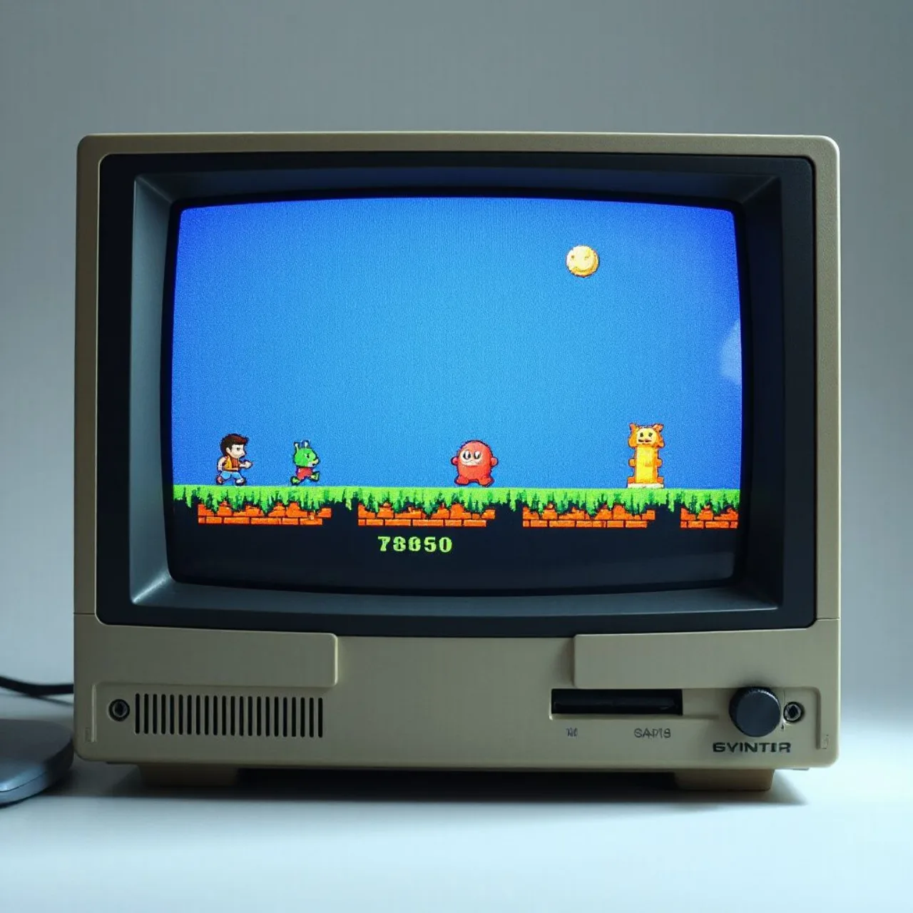 Tela colorida de Wizball mostrando as bolas e o cenário pixelado ao lado de um Spectrum 128K com seu logotipo