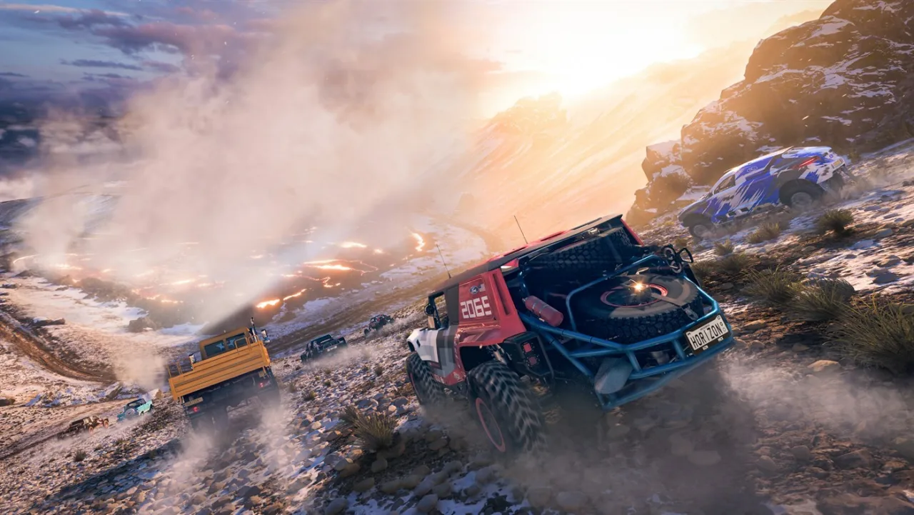 ROG Ally X exibindo Forza Horizon 6 em um ambiente aconchegante com fones de ouvido e uma garrafa de água ao lado