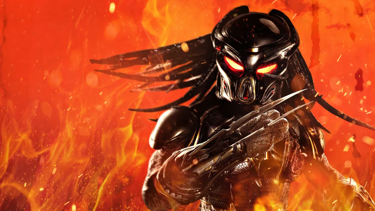 Homem em roupa de treino levanta halteres, com telas ao fundo exibindo pôsteres de The Predator, Star Wars e Terminator