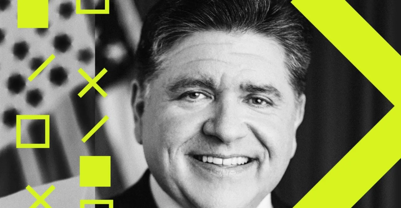 JB Pritzker aparece ao lado de holograma de cérebro digital e códigos, simbolizando IA como futuro e ameaça