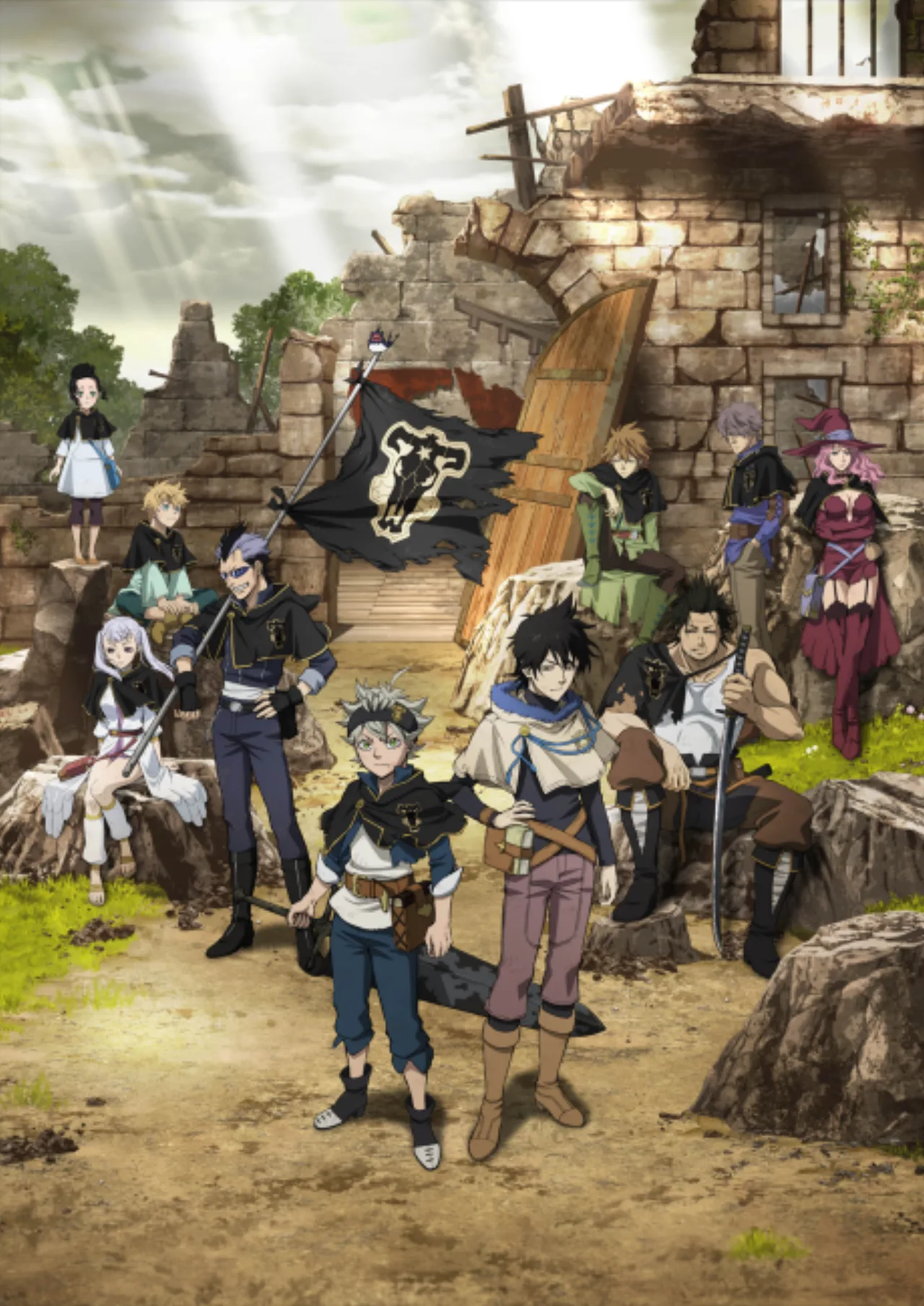 Jovens em roupas esportivas fazem flexões ao lado de um pôster da nova temporada de Black Clover