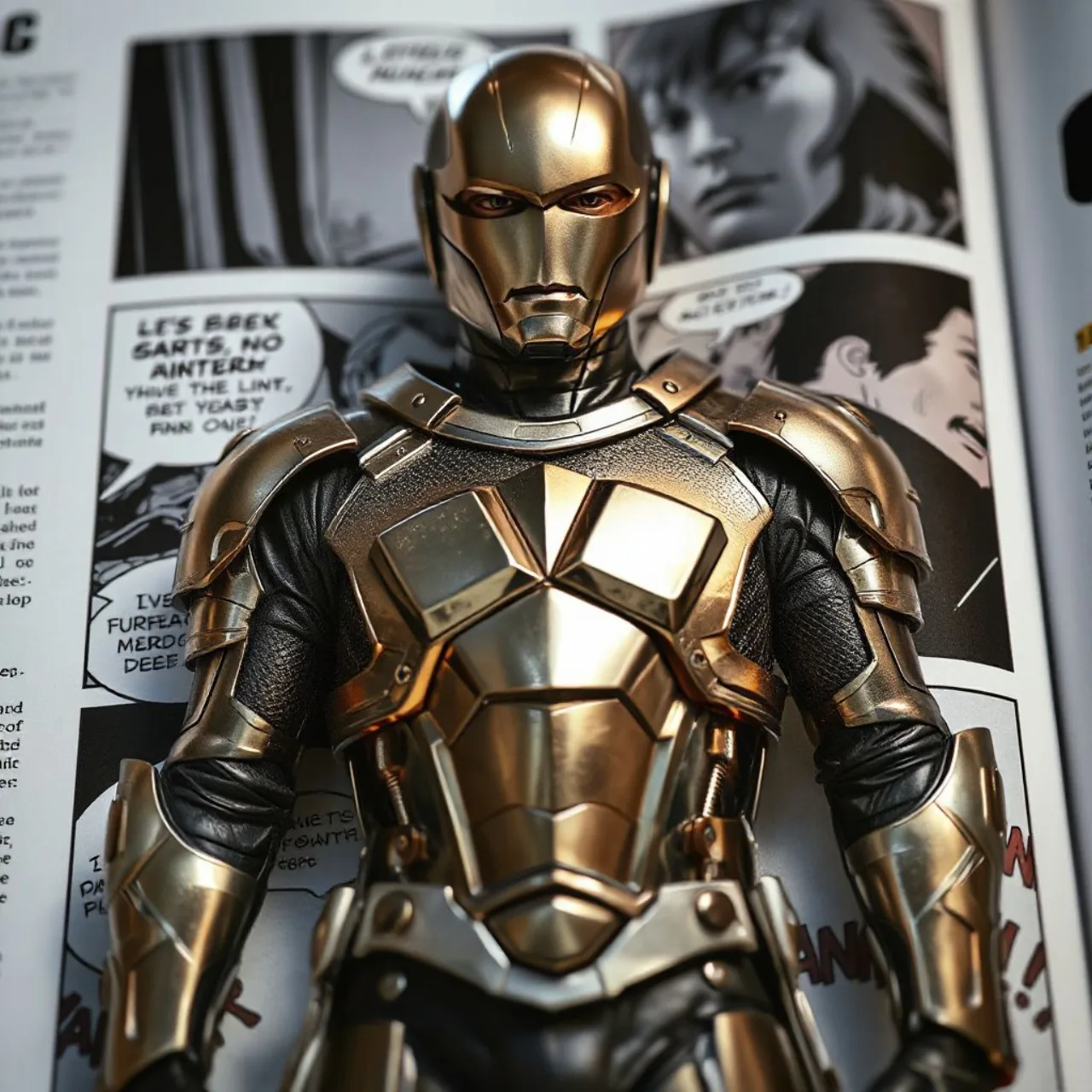 Doctor Doom, Iron Man, Lex Luthor, Batman e Wonder Woman exibindo suas armaduras icônicas lado a lado