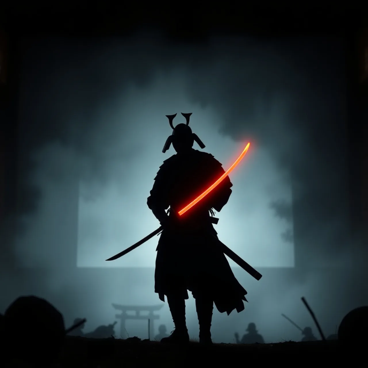 Um praticante de artes marciais em pose de salto, vestindo roupa tradicional ninja, segurando uma katana sobre um tapete de yoga