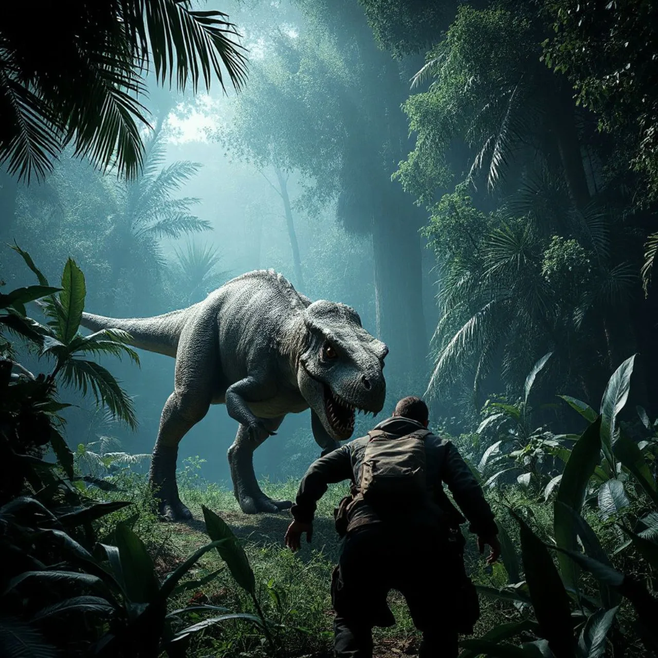 Gameplay mostra dinossauro caçando jogador em ambiente de selva densa
