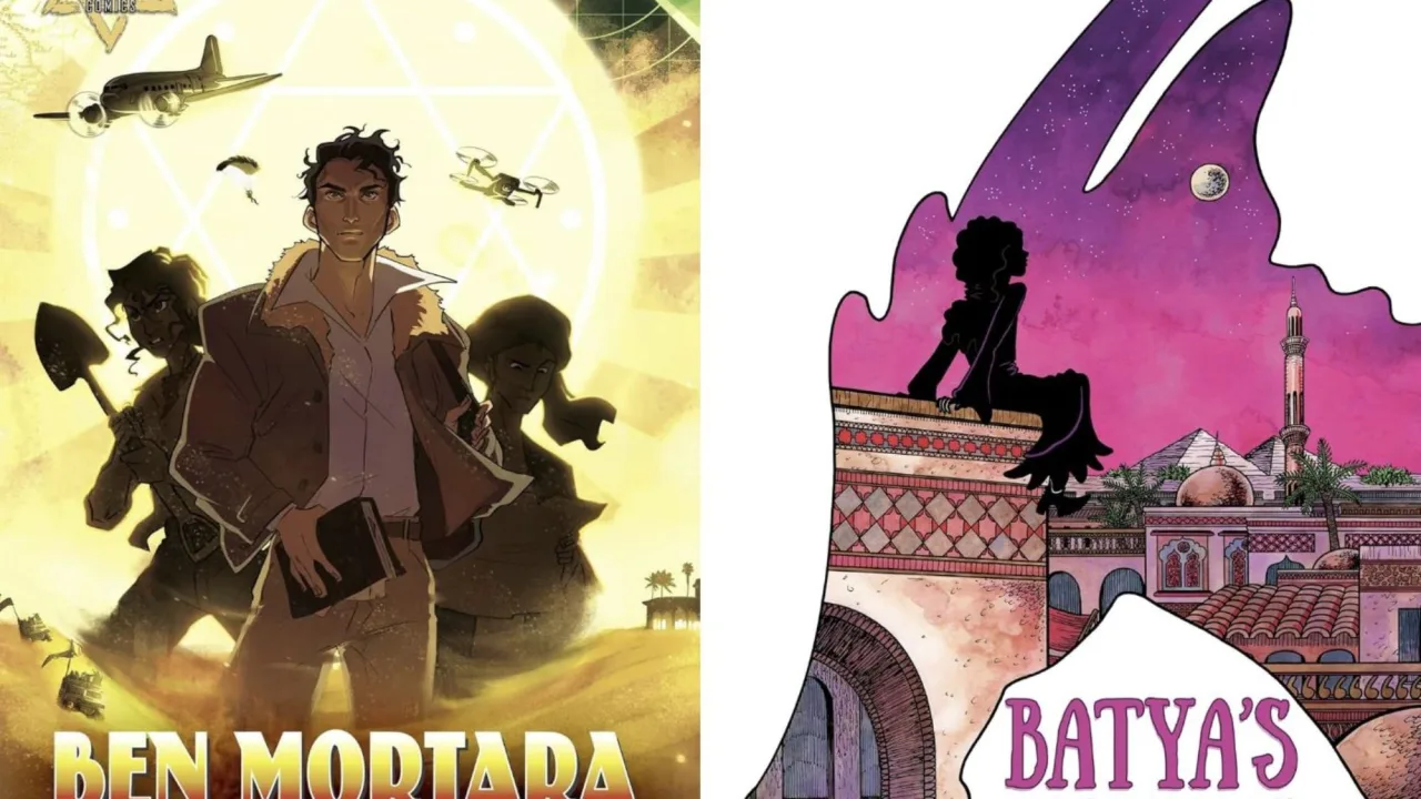 Pessoa lendo uma graphic novel de fantasia enquanto segura uma garrafa de água e uma maçã sobre uma mesa de madeira