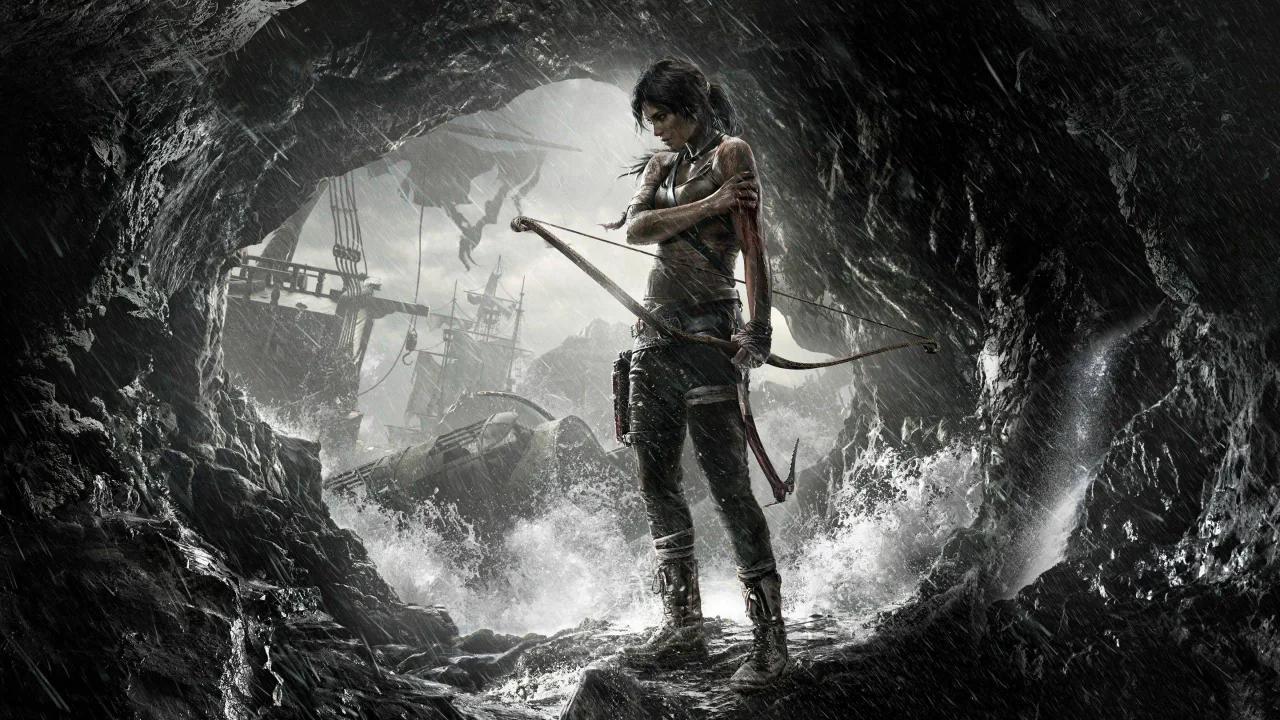 Lara Croft em pose atlética segurando uma picareta, sobreposta a elementos digitais e circuitos de IA em tons neon