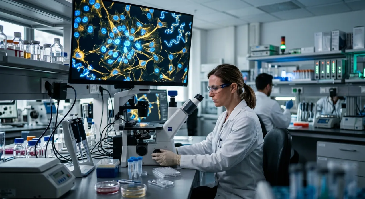 Células T modificadas em laboratório sob microscópio, representando a precisão biotecnológica do tratamento CAR-T