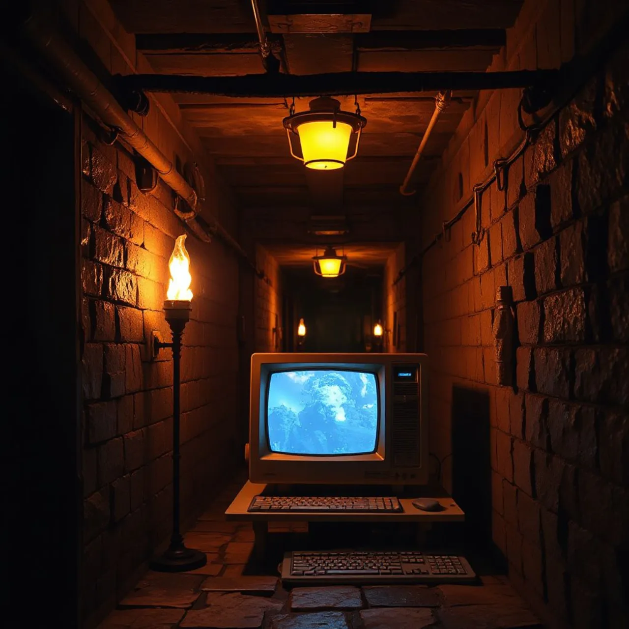 Tela clássica de Dungeon Master mostrando a masmorra em pixel art ao lado do logo do ScummVM em um monitor