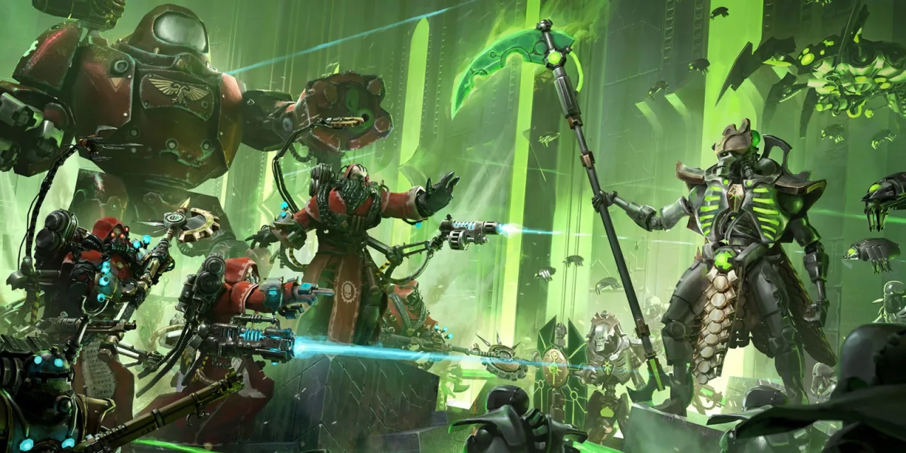 Ciborgue do Adeptus Mechanicus segurando um machado de energia em um cenário tecnológico sombrio e detalhado