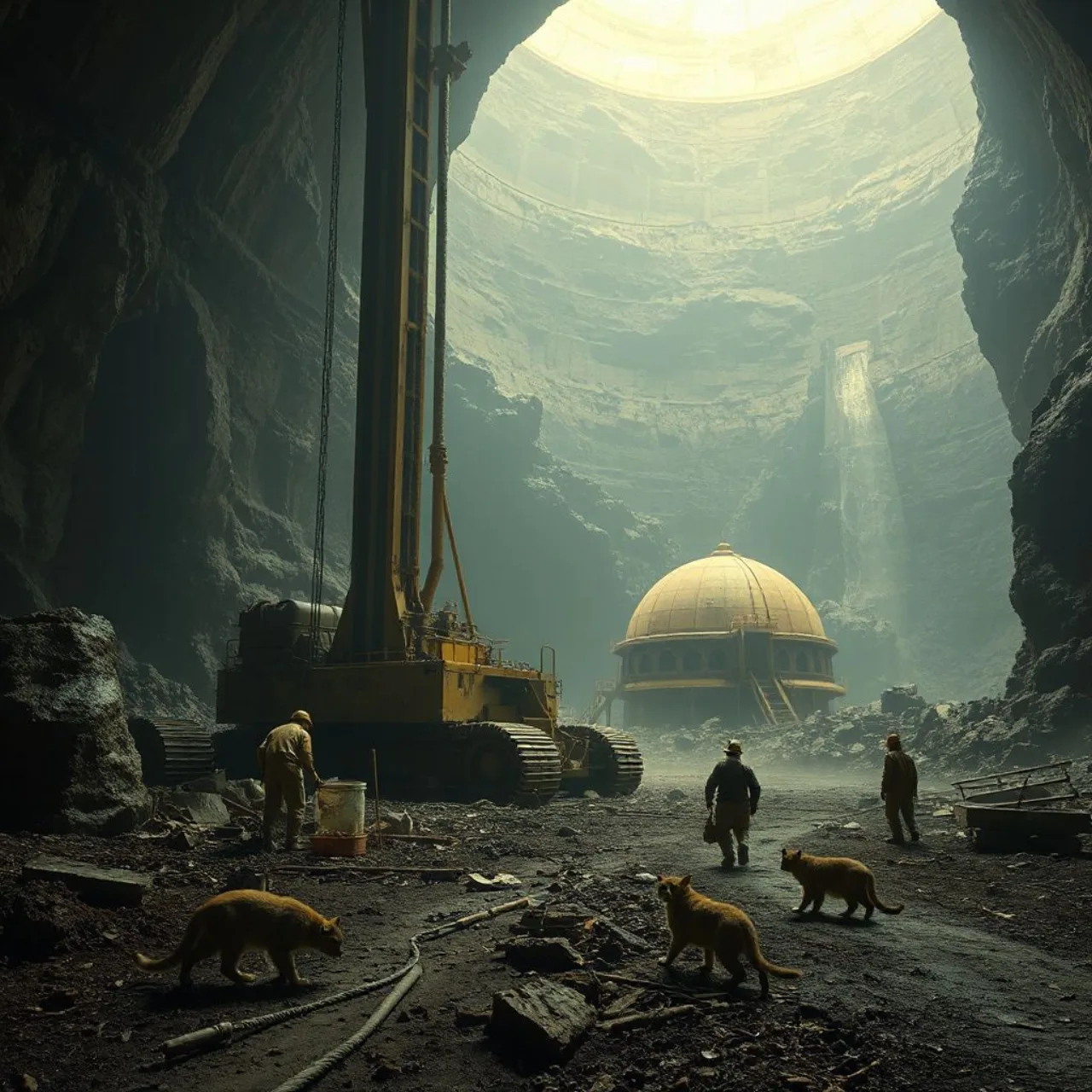 Logo de CitaDrill ao lado de um robô perfurador e gatos operários em frente a uma cidade móvel futurista