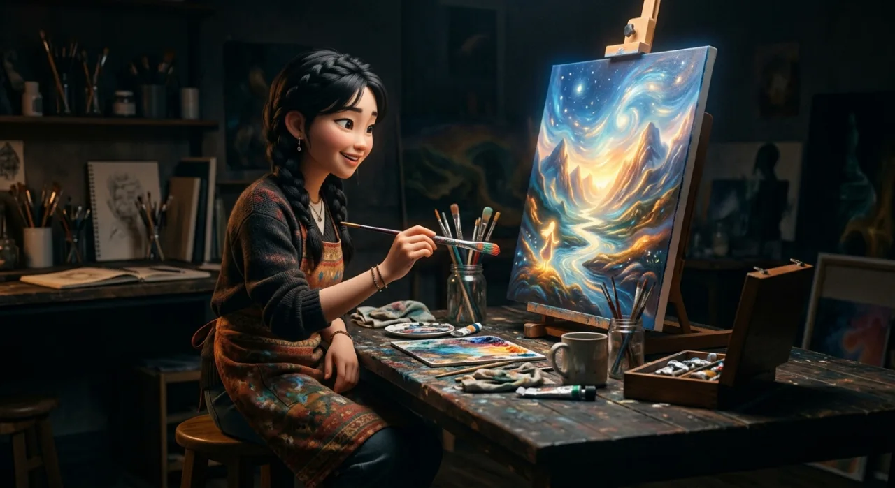 Poster da animação The Painted Soul mostra duas figuras sombrias com pincéis de luz e o logo da Viki ao fundo