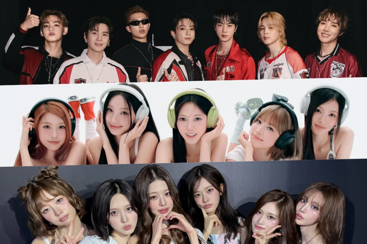 BTS treinando juntos em academia, usando roupas esportivas, segurando halteres e fazendo alongamento