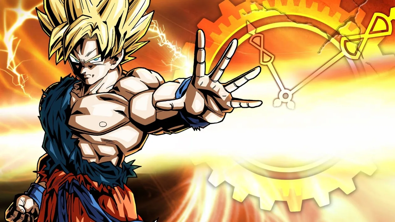 Jovem em camiseta esportiva joga Dragon Ball Xenoverse 2 no console, ao lado de halteres e garrafa d'água