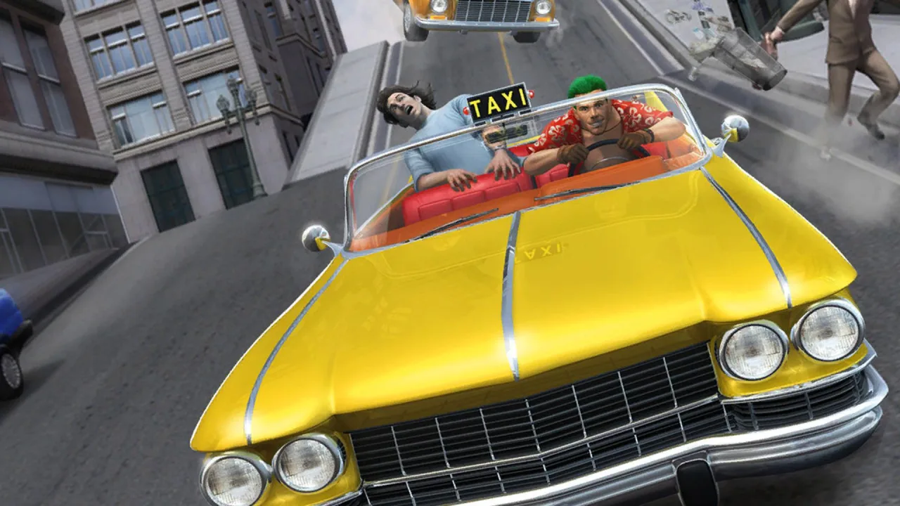 Jovem em roupa esportiva, segurando controle de PS5, corre na esteira enquanto tela mostra Crazy Taxi na TV