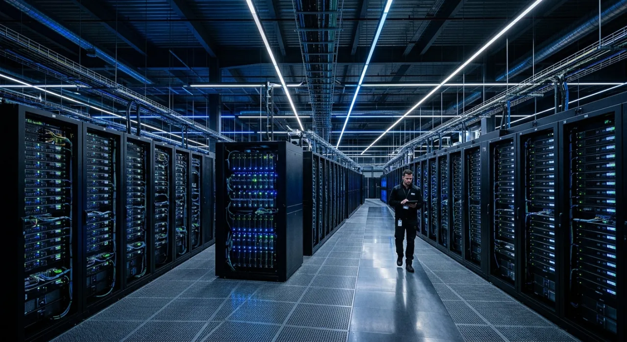 Atleta ergue barra de metal com chip Nvidia, enquanto telas de dados e gráficos de IA brilham ao fundo