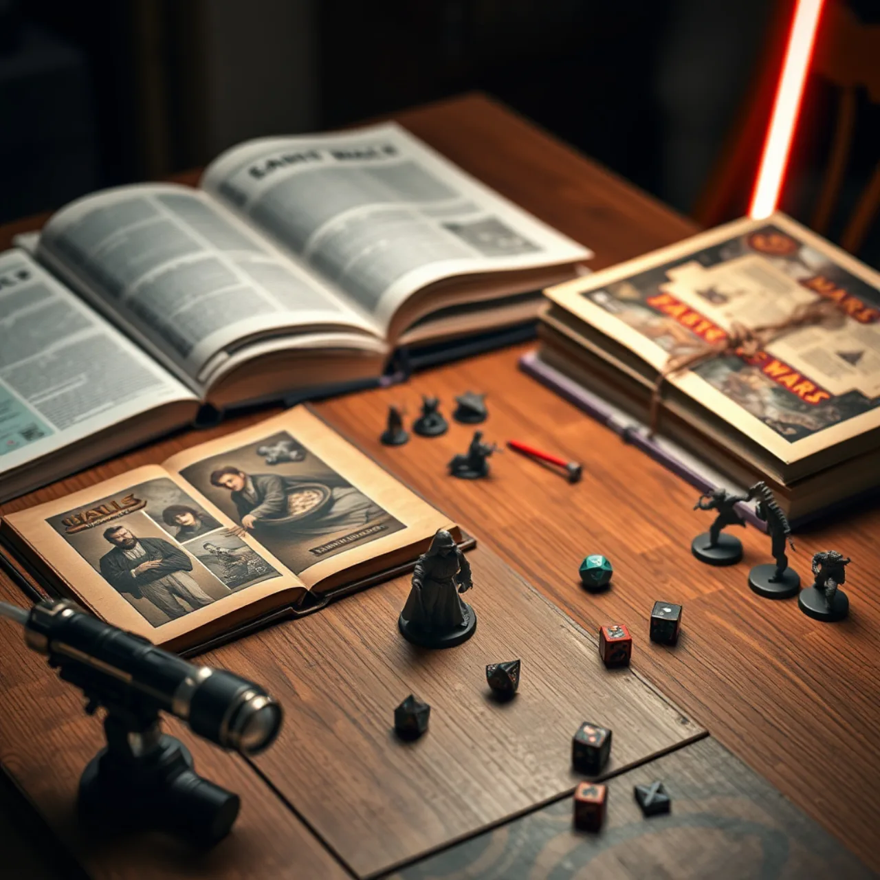 Um praticante em roupa esportiva levanta halteres enquanto segura um sabre de luz, ao fundo painéis de mapas de D&D