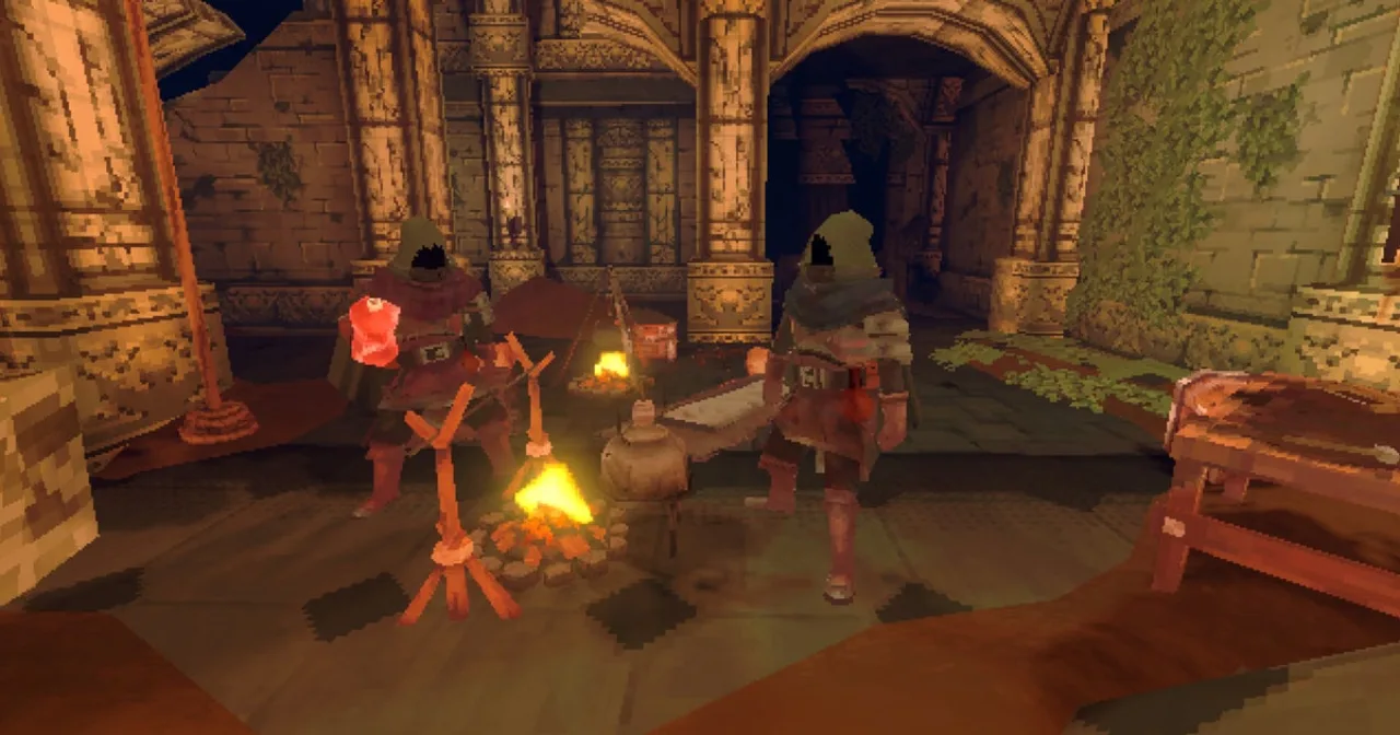 Aventureiros em armadura seguram panelas numa masmorra iluminada, com o logo “Deep Dish Dungeon” ao fundo
