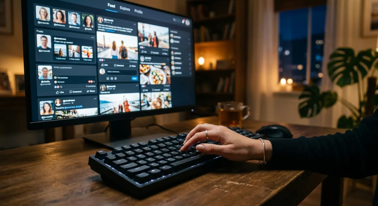Smartphone exibindo rede social ao lado de um notebook, simbolizando monitoramento digital e segurança online