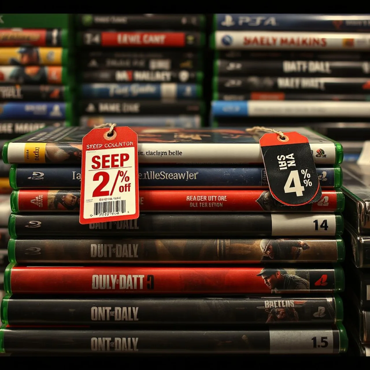 Console Xbox Series X ao lado de capas de jogos com etiquetas vermelhas de 90%‑95% de desconto e o logo da Xbox Store