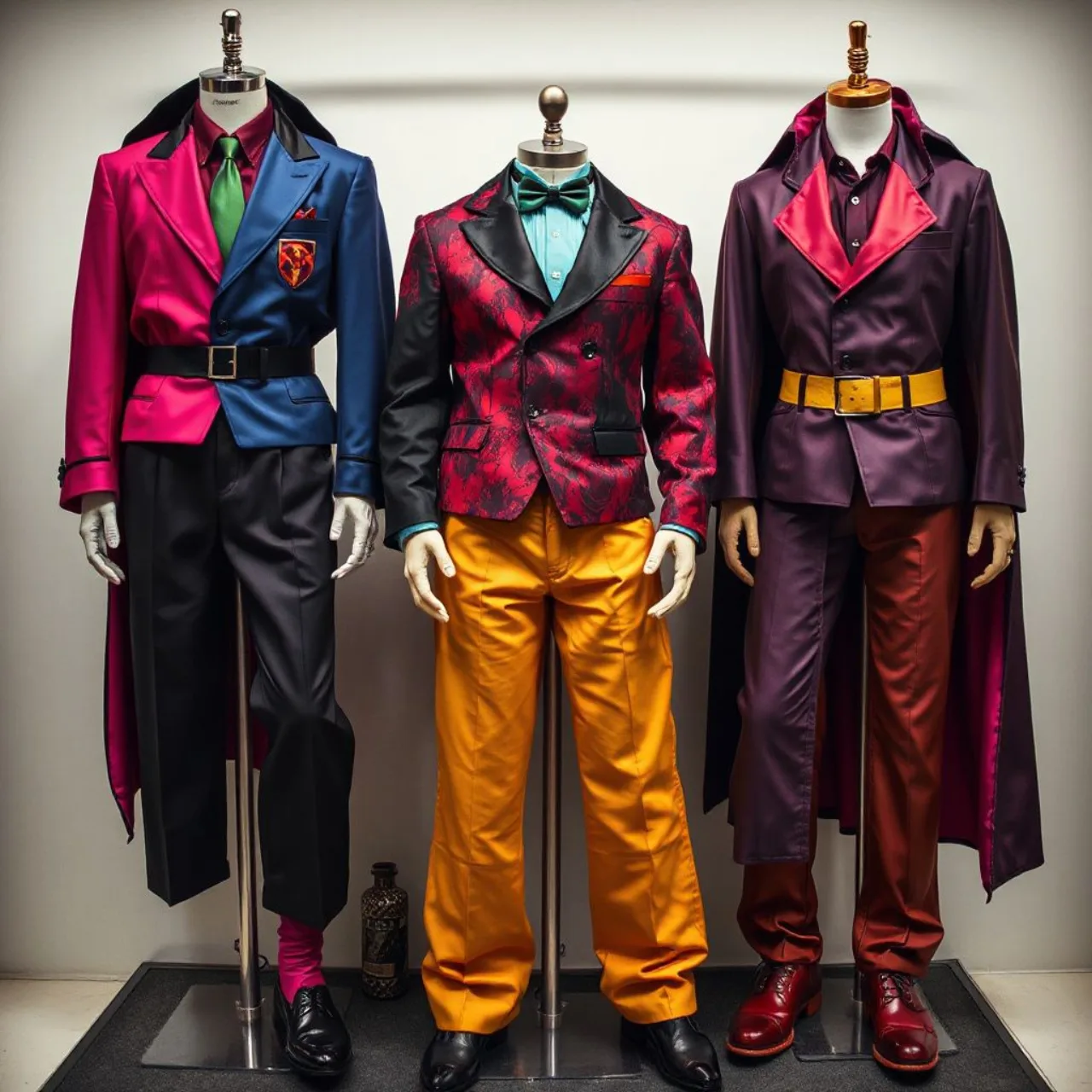 Brain Storm, Eraser, Crazy Quilt, Polka Dot Man e Codpiece em seus trajes absurdos, lado a lado