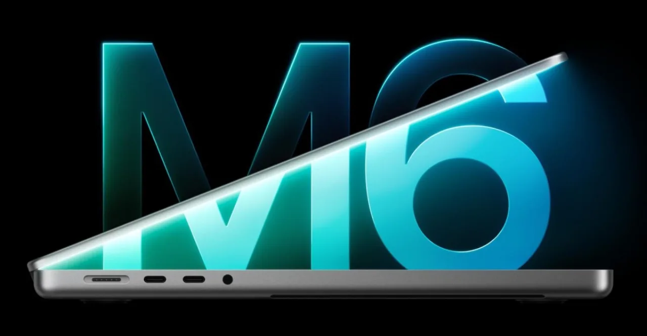 MacBook Pro aberto mostrando a placa-mãe com o chip M6 ao lado do logo da Apple