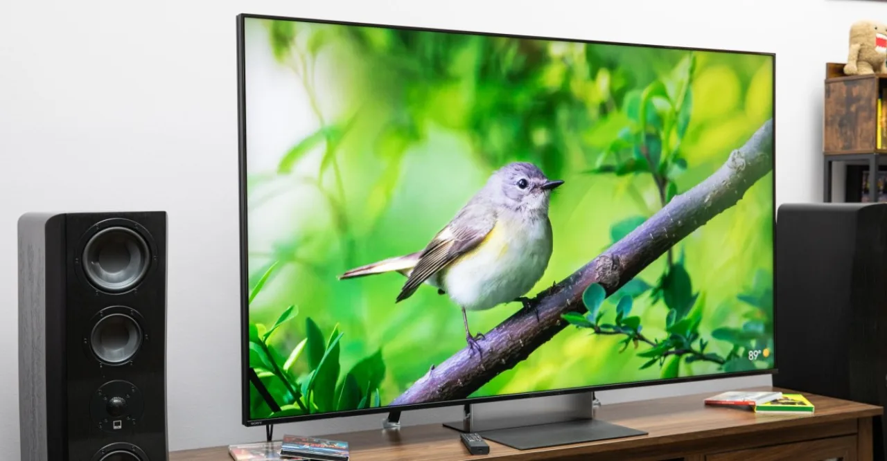 Homem em roupa de treino, segurando halteres, assistindo a um filme na TV Sony Bravia 9 II
