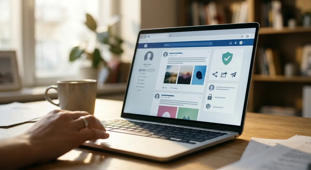 Tela de computador exibindo a interface do Meta Muse com botão de compartilhamento e logotipo da Meta ao fundo