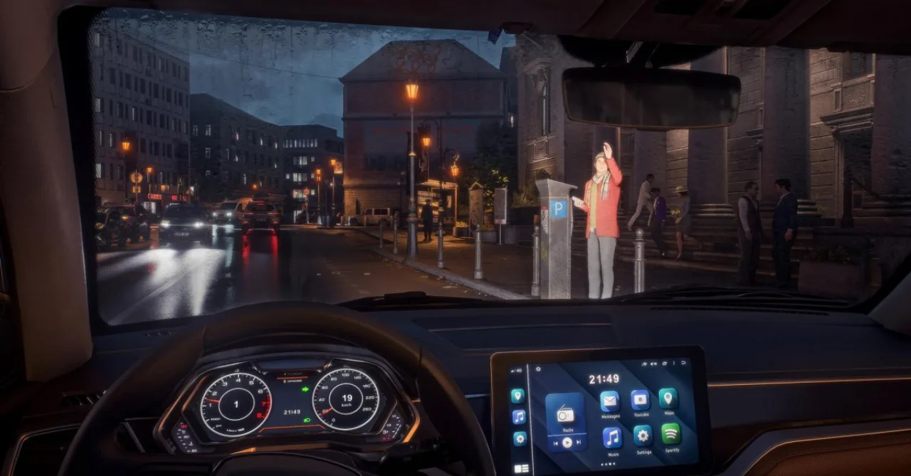 Jogador concentrado, usando headset VR, faz agachamento com halteres ao lado de um laptop exibindo código