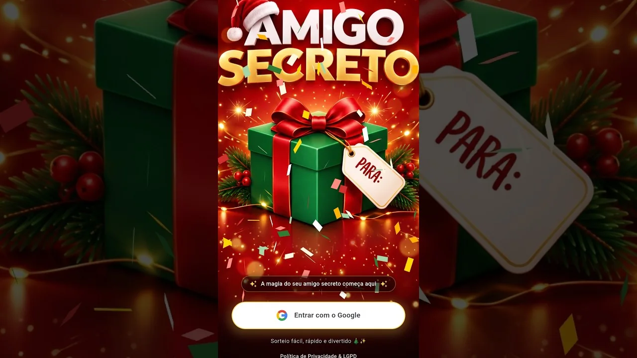 Tela inicial do App Amigo Secreto com presente de Natal e etiqueta "Para:"