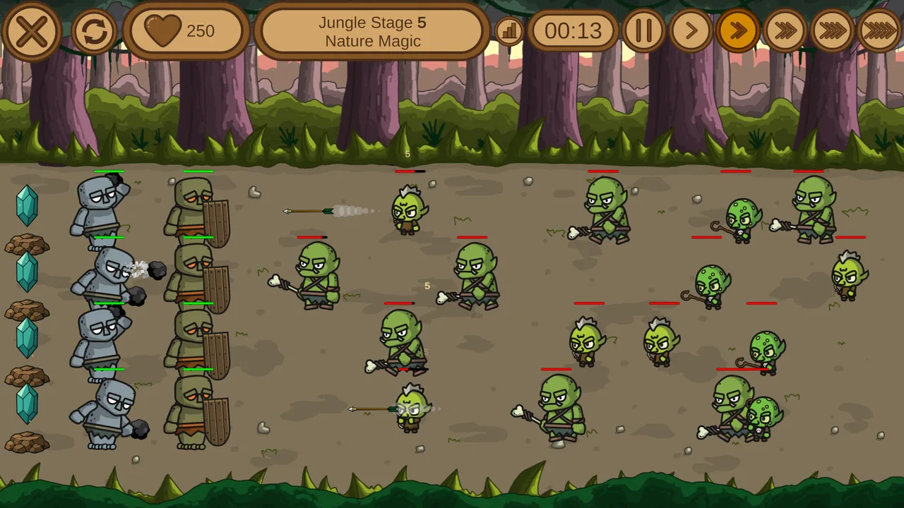 Golens defendendo a linha contra goblins na selva em Anvira: Forge Defense