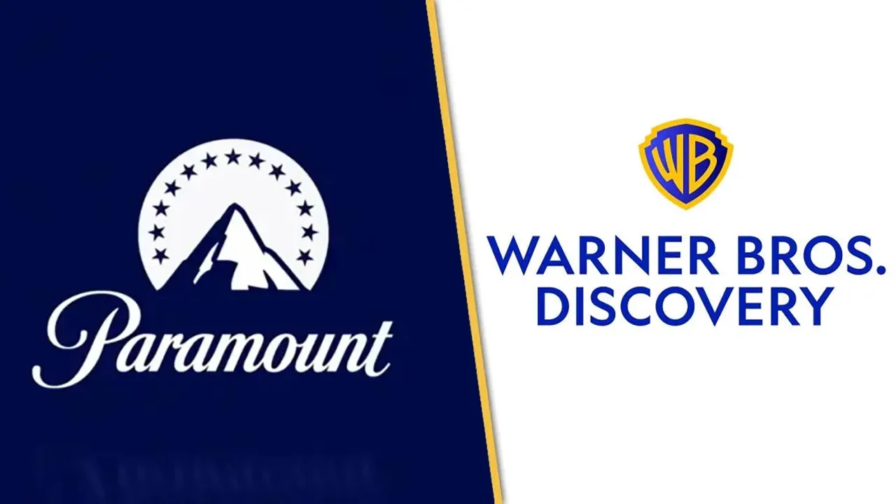 Pessoa correndo numa esteira enquanto, na tela ao lado, aparecem os logotipos da Paramount e da Warner Bros. Discovery
