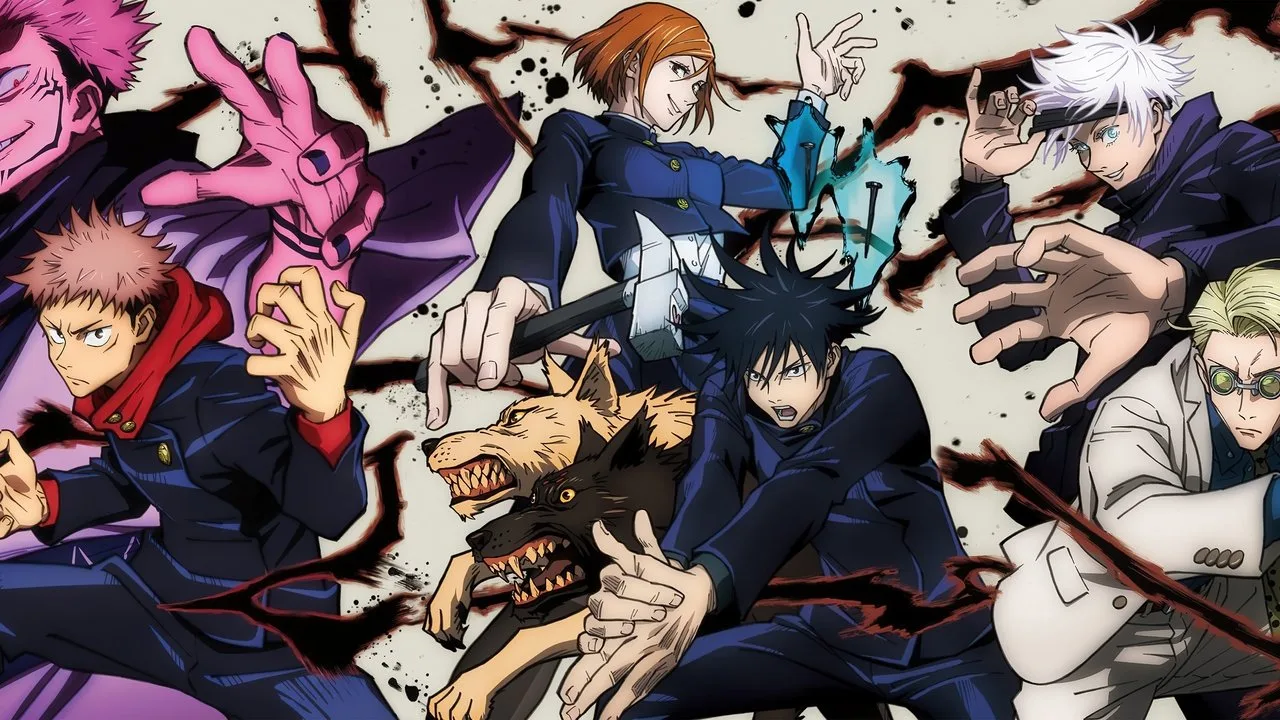 Jovem em roupa esportiva faz agachamento ao lado de pôster da quarta temporada de Jujutsu Kaisen