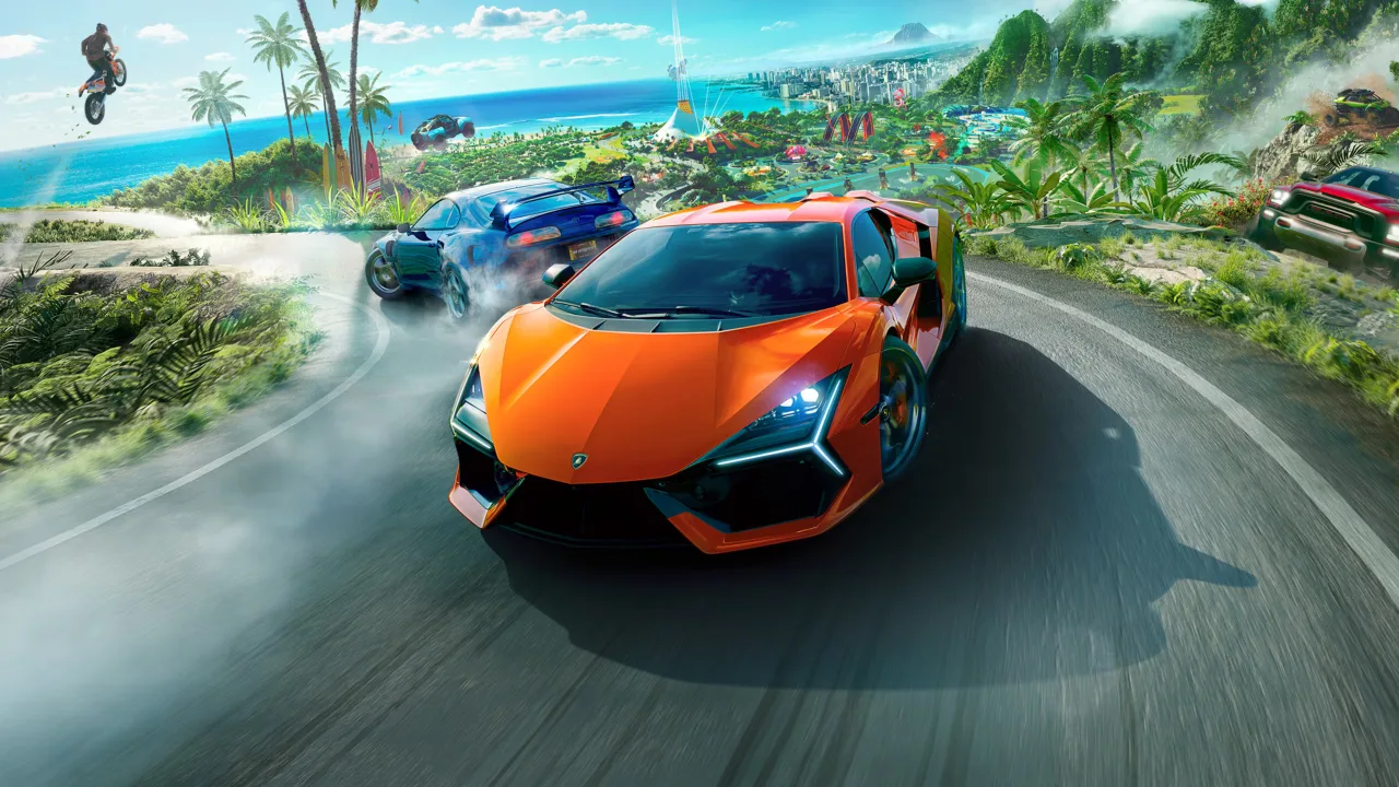 Jovem em roupa esportiva joga The Crew Motorfest no Switch 2, segurando halteres e garrafa d'água ao lado