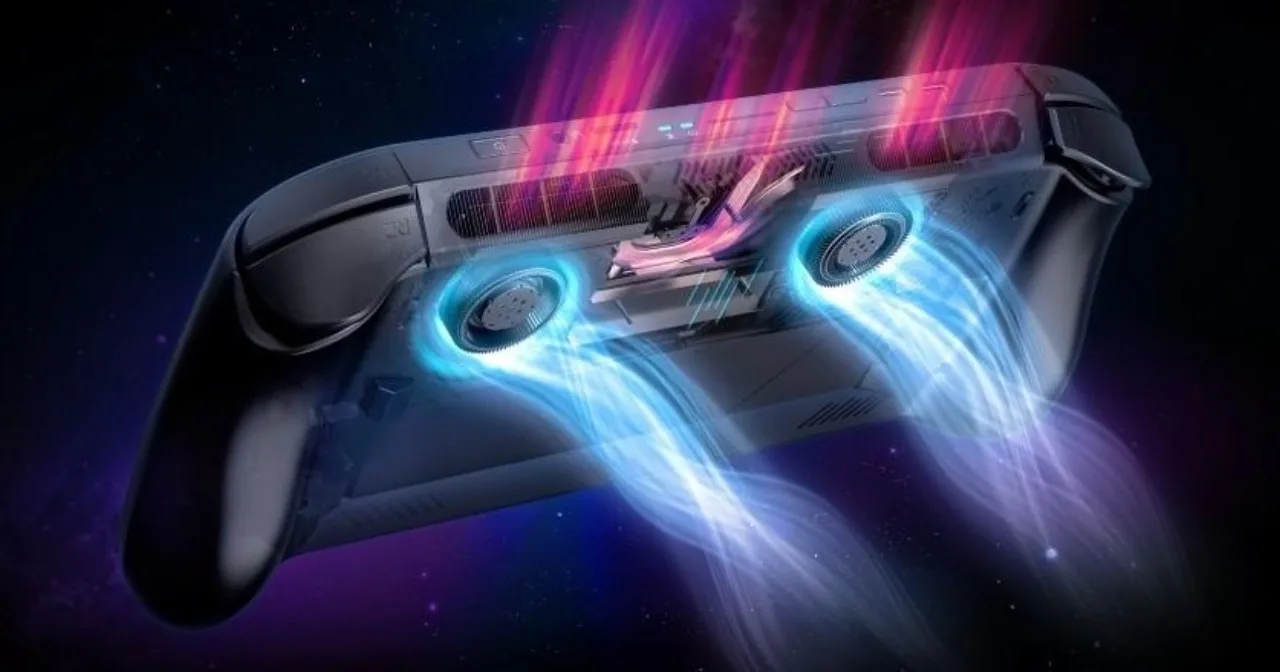 Close-up de um console portátil de alto desempenho sobre uma mesa gamer com iluminação RGB e periféricos modernos