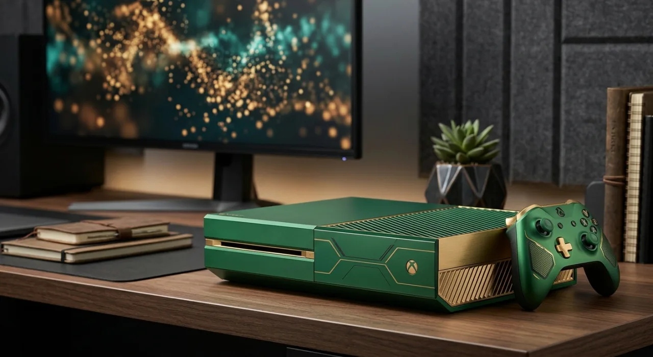 Console Nintendo Switch 2 edição Zelda 40ª, com capa azul, detalhes dourados e logo da Master Sword em destaque