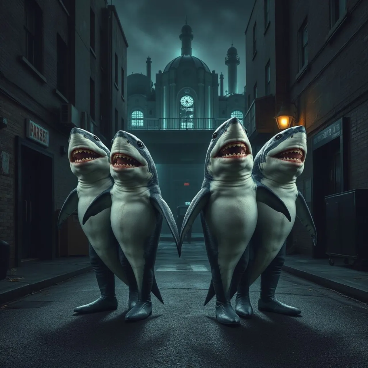 Os quatro irmãos Bolton como tubarões, com dentes afiados, posam na rua escura ao lado do logo Street Sharks