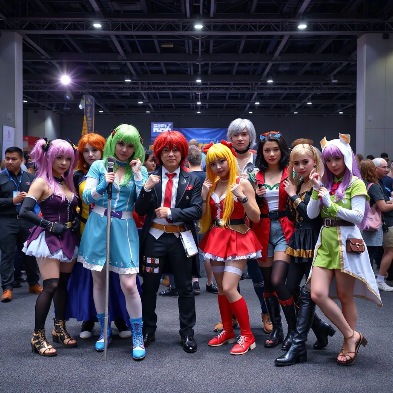 Cosplayers desfilam no palco da Cosplay Mania 2026, exibindo trajes de anime, games e J‑Pop sob luzes coloridas