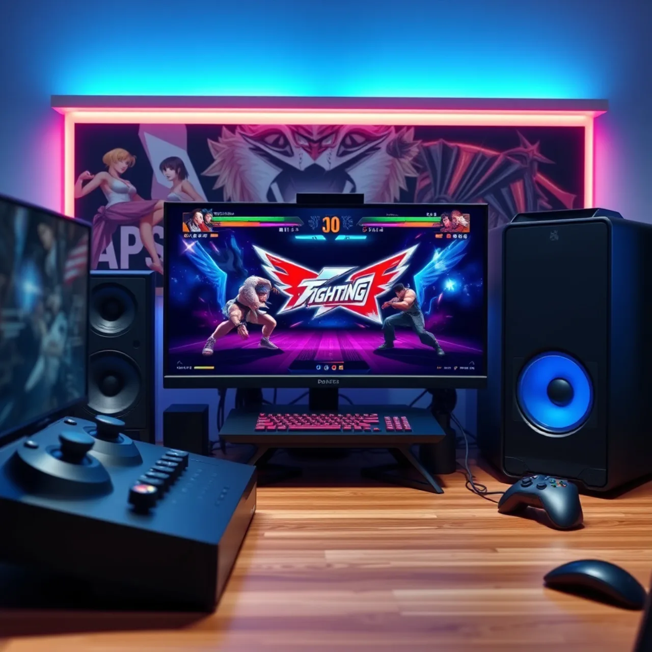 Um jogador em postura de agachamento, segurando um controle de PS5, ao lado de um shaker de proteína e um tapete de yoga