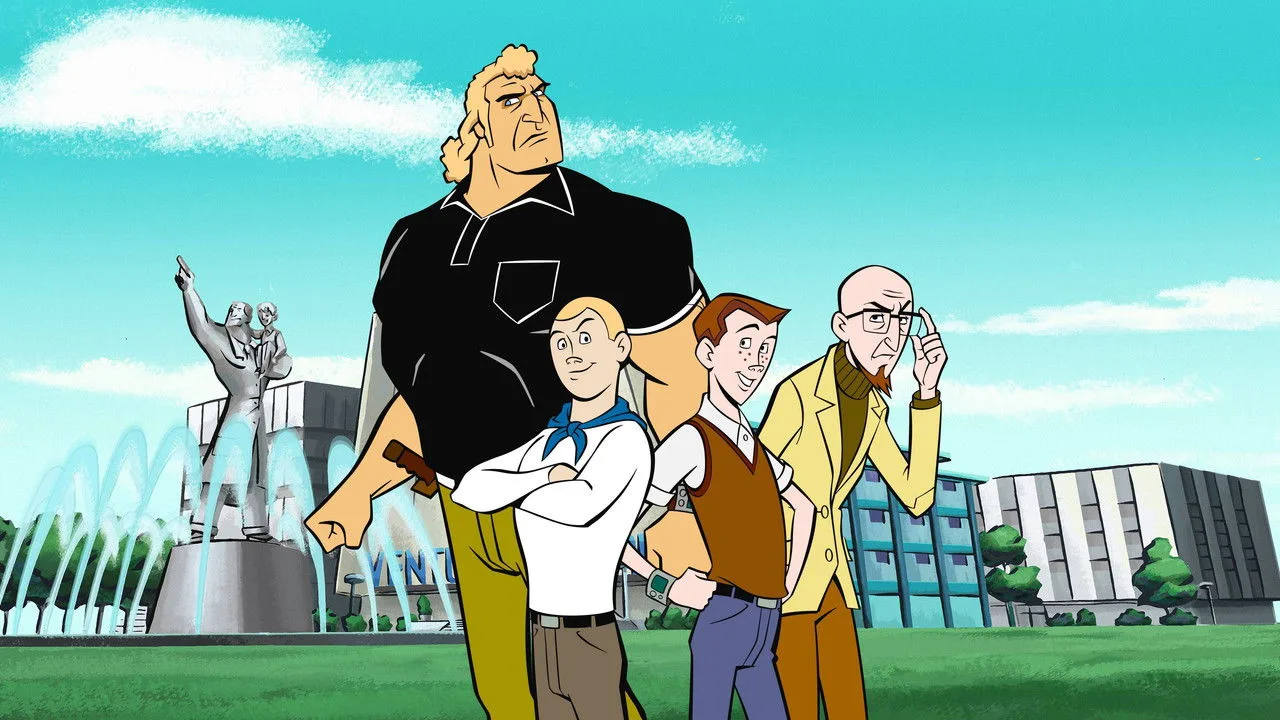 Jovem em roupa de academia levanta halteres ao lado de um monitor exibindo The Venture Bros