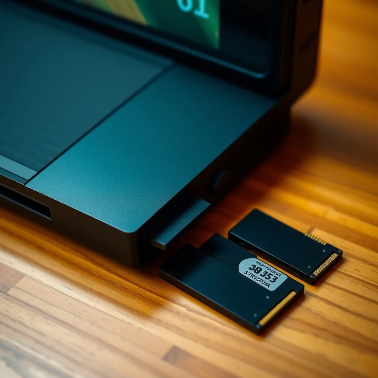 Jogador segurando controle, ao lado um cartão SanDisk Expansion Card, garrafa de água e barra de proteína